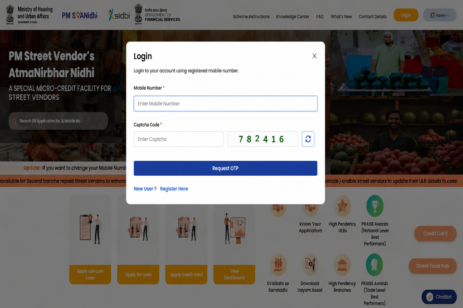 PM SVANidhi Step 2 - Login Using Mobile Number
