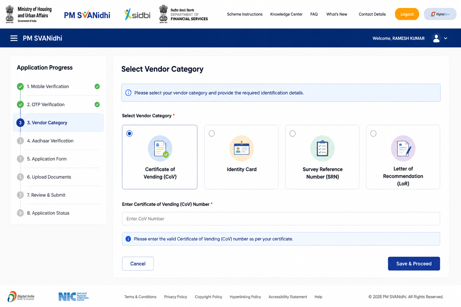 PM SVANidhi Step 4 - Select Vendor Category
